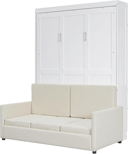MERITLINE Full Murphy Bed with Couch,Wood Murphy Bed Cabinet with Sofa,Fold up Bed White Murphy Wall Bed Full Size