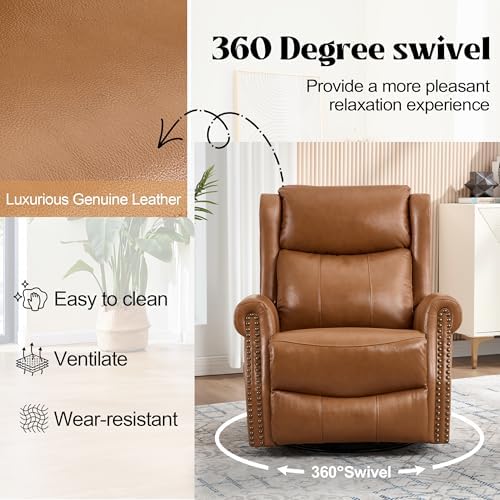 Genuine Leather Recliner Chair for Adults, Manual Swivel Rocker Glider Rocking Chair with Vibration Massage Lumbar Heat for Nursery, Rivet Design Single Sofa Chair for Living Room - Caramel Brown