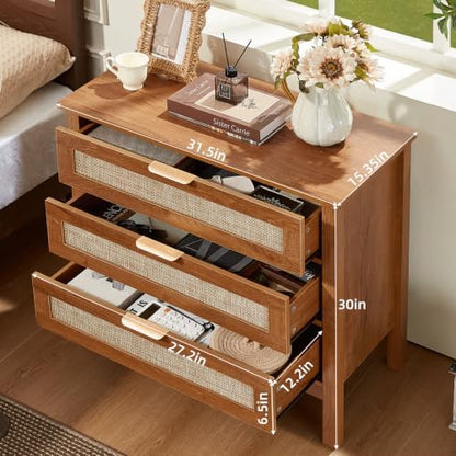 LEYAOYAO 31.5" Wide Rattan Nightstand, Large Boho 3 Drawer Night Stand