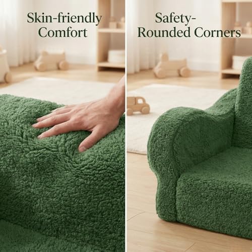 Kids Sofa Chair, 2-in-1 Foldable Couch, Sherpa, Green