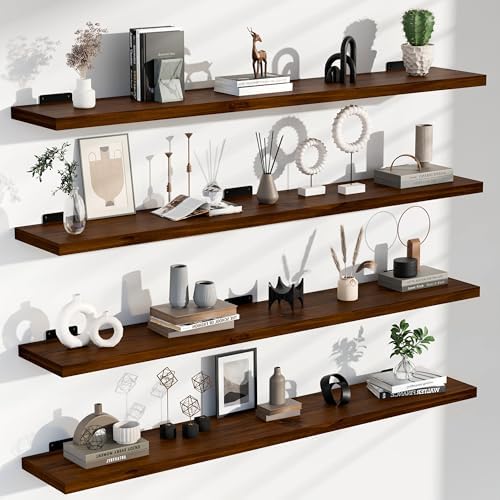 48 Inch Long Floating Shelves, Walnut Wood Wall Shelf, Set of 4
