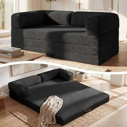 Convertible Sofa Bed, Tri-Folding Mattress Queen Futon Couch Bed, Boneless Sleeper Couch Bed with Removable Armrests & Washable Cover for Guest Room, Living Room, Queen, Black