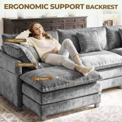 LEVELEVE 112" L-Shape Modular Sofa with 1 Ottomans, Deep Seat Cloud Convertible Sleeper, 3 Throw 2 Arm Pillows, Cozy Upholstered Furniture for Living Room Apartment, Dark Grey