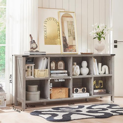 Joaxswe 8 Cube Book Shelf, Farmhouse Wood Long Storage Organizer Bookcase, 62" Horizontal Grey Oak Console Closet Bookshelf, Hallway TV Stand for Entryway, Display Cabinet Book Case for Living Room