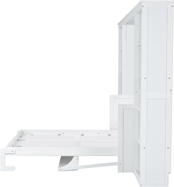 MERITLINE Full Murphy Bed with Desk and Storage Shelves, Wood Murphy Wall Bed Cabinet with with Storage Cabinet Vertical Units