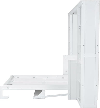 MERITLINE Full Murphy Bed with Desk and Storage Shelves, Wood Murphy Wall Bed Cabinet with with Storage Cabinet Vertical Units