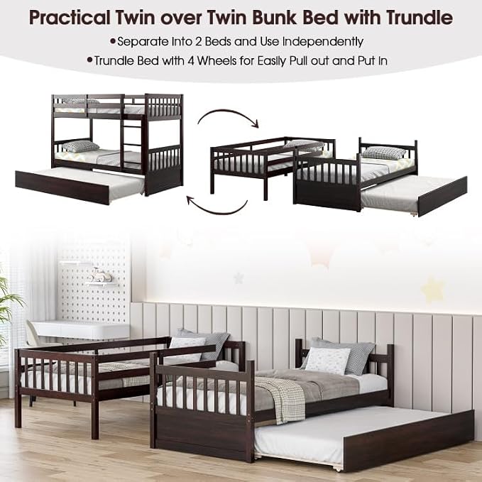 NAFORT Twin Over Full Bunk Bed with Trundle, Solid Wood Bunk Bed Frame, Ladder & Guardrails, Converts to 2 Platform Beds for Kids/Teens/Guests (Espresso, Twin Over Twin with Trundle)