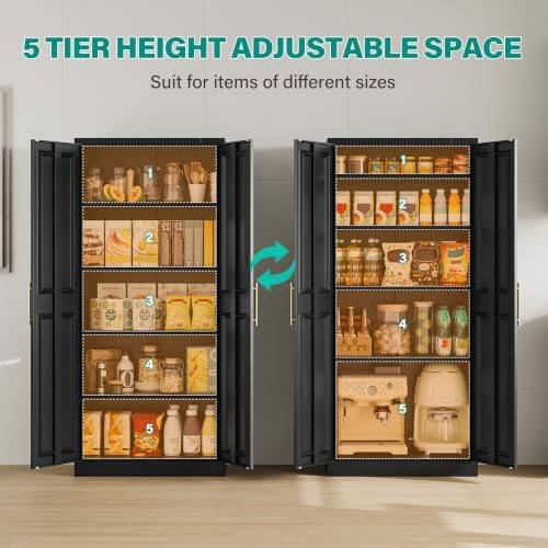 SISESOL 71" Tall Storage Cabinet with 2 Door and 5 Shelves, Wide & Deep Kitchen Pantry Cabinet,Black Metal Cabinets,Large Cupboard for Home,Kitchen,Laundry
