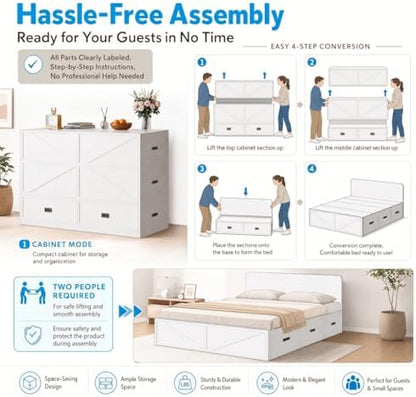 Murphy Bed, Cabinet Beds Queen Size with Mattress Included, Drawers, Queen Hidden Murphy Guest Chest Bed, 3-in-1 Convertible Cabinet Sofa Bed, Furniture Sets for Small Room, Apartment - Grey