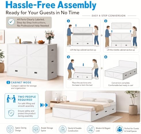 Mjkone Murphy Cabinet Beds Full Size with Mattress, Included, Murphy Hidden Guest Sleeper Bed with Storage Drawers, 3-in-1 Convertible Living Room Furniture Sofa Set for Small Room, Apartment, Grey