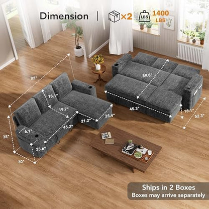 Vipbear Chenille Sleeper Sofa Bed, 82" Pull Out Couch with Reclining Backrest/Reversible Storage Chaise, 3 in 1 L-Shaped Couch with Armrest Storage | Cup Holder | Tool-Free Assembly | Grey