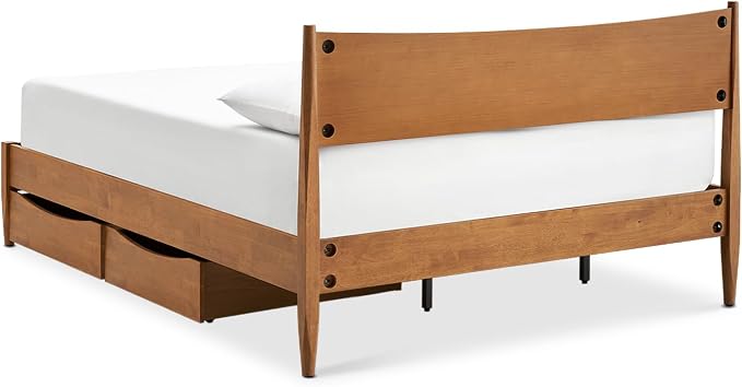 mopio Retrovie Mid-Century Modern King Bed Frame – Solid Wood Legs, LVL Slat System, No Box Spring Needed, Supports 661 lbs, Easy Assembly (Walnut, 2 Drawers)