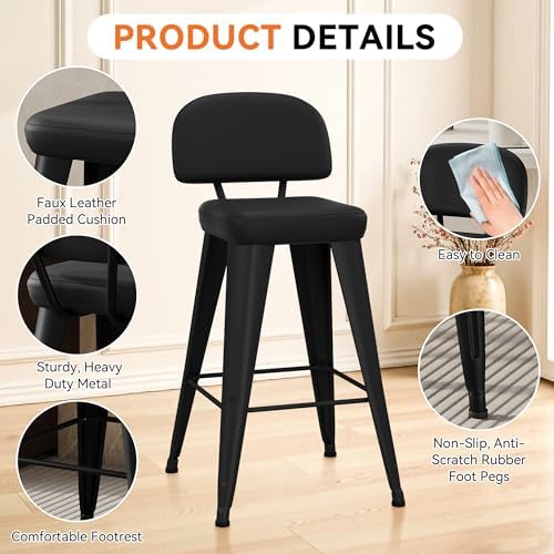 Aklaus PU Leather Metal Bar Stools 26 inch Faux Leather Counter Height Barstools Set of 4 Modern Farmhouse Bar Chairs with High Back and Faux Leather Seat for Kitchen Island Dining Room Matte Black