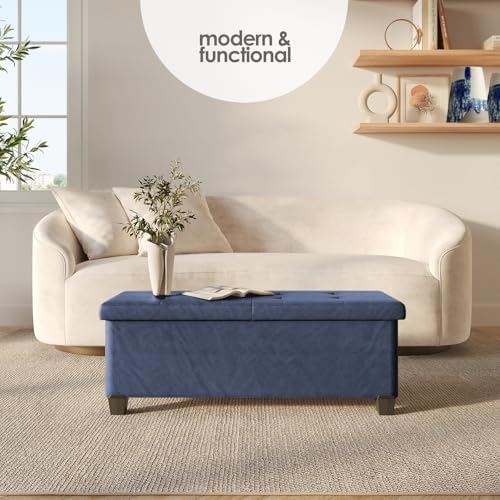 Storage Ottoman Bench with Bins, 43-in Storage Bench for Bedroom End of Bed, Folding Foot Rest Ottoman for Living Room Max 660lbs, Leather Ottomans, Blue