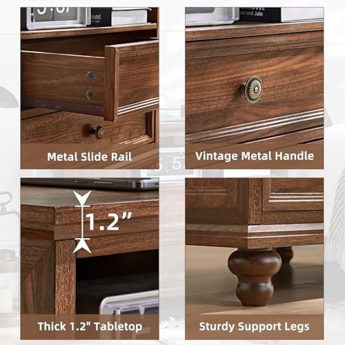 Joaxswe 24" Wide Farmhouse Nightstand with Charging Station, End Table with 2 Drawers, Brown Wood Dresser for Bedroom Cabinet, Bed Side Table Chest of Drawers, Night Stand for Living Room, Closet