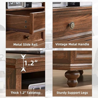 Joaxswe 24" Wide Farmhouse Nightstand with Charging Station, End Table with 2 Drawers, Brown Wood Dresser for Bedroom Cabinet, Bed Side Table Chest of Drawers, Night Stand for Living Room, Closet