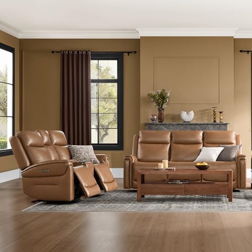 Watson & Whitely Recliner Sofa 3 Seat & Loveseat with Console, Saddle Brown
