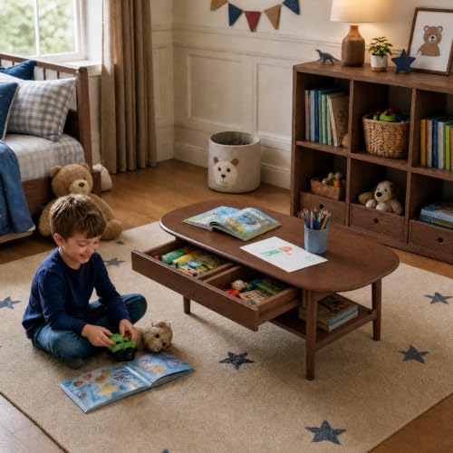 100% Solid Oak Wood Coffee Table with Storage for Living Room, 39.37"W