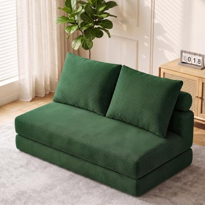 Folding Sofa Bed, 3-in-1 Convertible Sleeper Chair Bed with Pillows, Foldable Boneless Couch with High-Density Foam, Futon Floor Couch for Living Room Bedroom Lounge, Loveseat, Green
