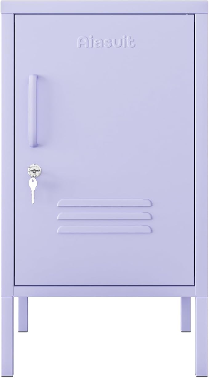 Single Door Lockable Metal End Table & Children's Bedside Table, 2-Tier Storage Cabinet with Adjustable Shelf, Easy Assembly Side Table for Living Room Bedroom Home Office Purple