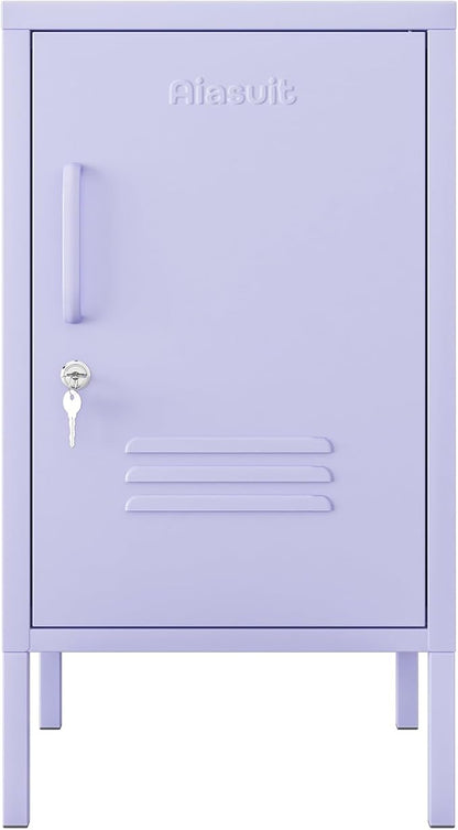 Single Door Lockable Metal End Table & Children's Bedside Table, 2-Tier Storage Cabinet with Adjustable Shelf, Easy Assembly Side Table for Living Room Bedroom Home Office Purple