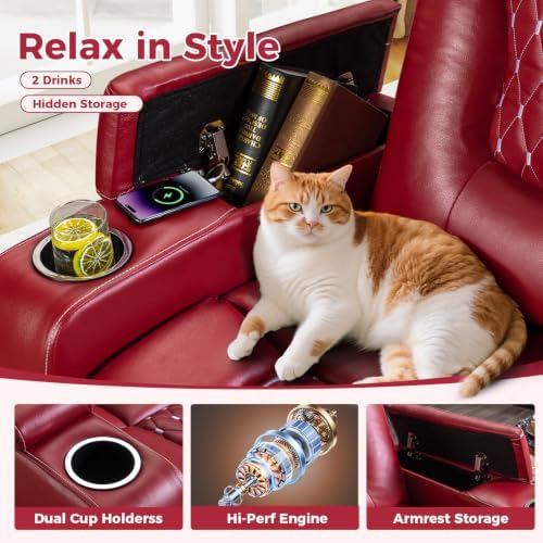 ANJ Power Recliner Chair with USB Ports and Cup Holders - Overstuffed Electric Home Theater Seating PU Leather Reclining Furniture with Hidden Arm Storage, Easy to Clean (Set of 2, Red)