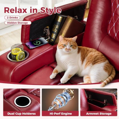 ANJ Power Recliner Chair Set of 8, Electric Soft Faux Leather Reclining Home Theater Seating - USB Ports, Cup Holders, Hidden Arm Storage Movie & Media Room Chairs (Red)