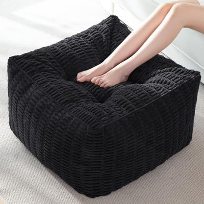 HIGOGOGO Square Stuffed Pouf Ottoman, Blended Corduroy Poufs with Foam Chunk Filling, 25.6 x 25.6 Inches Floor Poufs Foot Rest for Living Room, Black