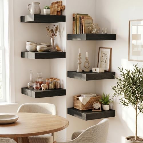 Floating Shelves for Wall 12 Inch, 12 Inch Deep Square Wall Shelves, Bathroom Storage Shelves Over Toilet, Wood Floating Shelves for Living Room Bedroom, Black, Set of 3
