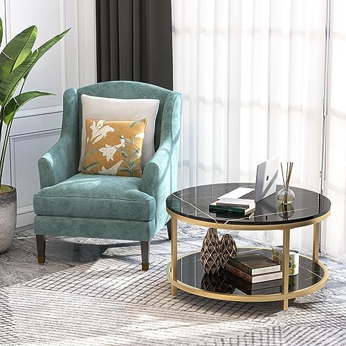 WiberWi Round Coffee Table 33.5" Coffee Tables for Living Room High Glossy Faux Balck Marble Top Modern Circle Table Sturdy Gold Metal Frame Legs Cocktail Table with Storage Open Shelf