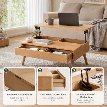Solid Oak Lift Top Coffee Table with Drawers, Natural, 39,37"