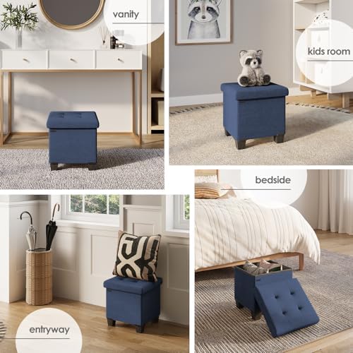 Storage Ottoman Cube with Small Bin, 15-in Square Ottoman with Storage for Living Room and Bedroom, Small Ottomans Foot Rest, Fabric Foot Stools Ottomans Max 330lbs, Blue