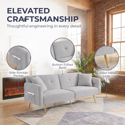 Futon Sofa Bed, Teddy Convertible Couches with Side Pocket, Gray