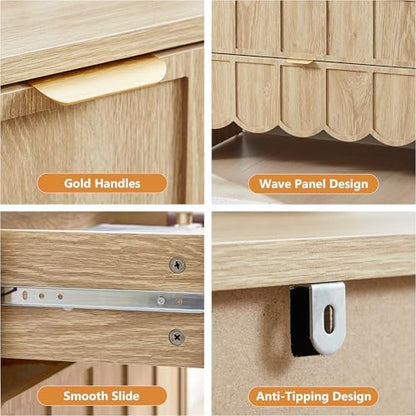 3 Drawer Dresser for Bedroom Set of 2, Modern Closet Chest of Drawers with Wave Fluted Drawer, Wood Storage Small Dresser Organizer for Nursery Bedroom Living Room Hallway Closet (Natural)