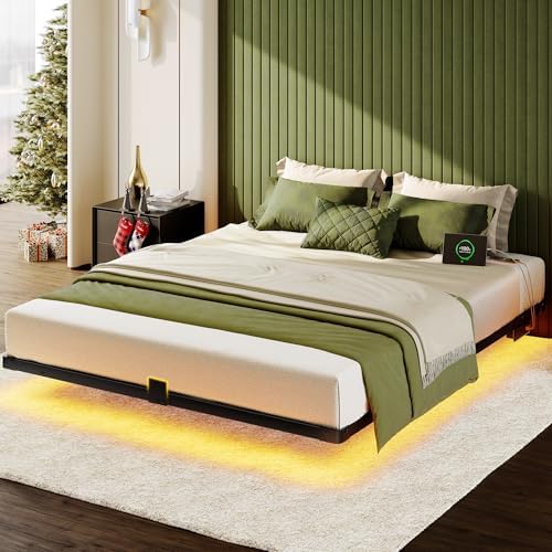 Floating Bed Frame Queen Size, Smart LED Lights & Charging Station, 9.45" High Clearance, Mattress Slide Stopper, Noise-Free, No Box Spring Needed, Easy Assembly