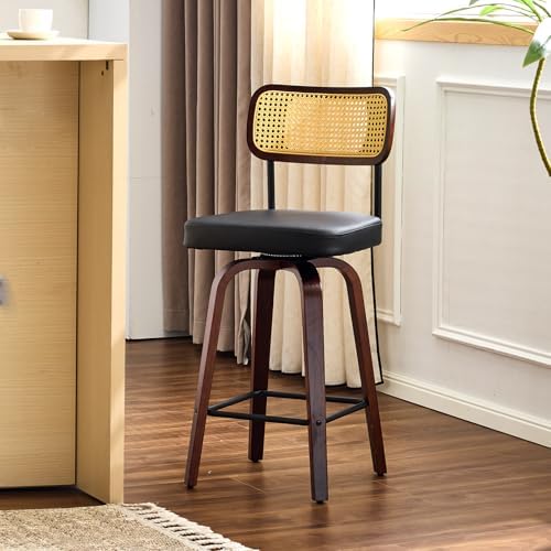 VINGLI Modern Bar Stool 26" H, PU Leather with Rattan Back, 360° Swivel, Solid Wood Legs Barstools for Kitchen Island & Home Bar, Black 1 Pack