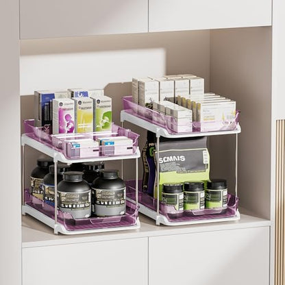 Delamu 2-Tier Multi-Purpose Bathroom Under Sink Organizers and Storage, Stackable Kitchen Pantry Organization, Pull Out Medicine Cabinet Organizer with Movable Dividers, Purple, 2 Pack