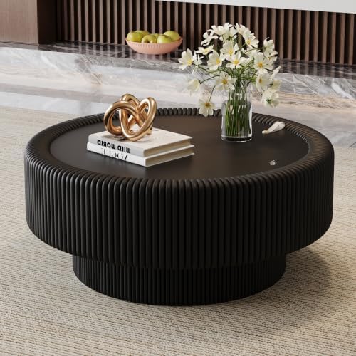31.5" Black Round Coffee Table with Storage, Tempered Glass Top PU Leather Body & Baked Enamel Base, Modern Minimalist Fluted Circle Center Tables for or Living Room, Bedroom, Apartment