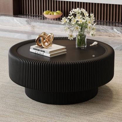 31.5" Black Round Coffee Table with Storage, Tempered Glass Top PU Leather Body & Baked Enamel Base, Modern Minimalist Fluted Circle Center Tables for or Living Room, Bedroom, Apartment