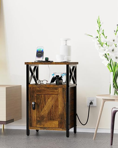runjuly Wooden Nightstand with Lock, Bedside Table with Drawer, Bed Side Table with Charging Station, 3 USB & 2 Outlets, Night Stand with Storage Cabinet, End Table for Bedroom, Brown