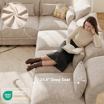 LLappuil Sleeper Sectional Sofa 12 Seater Chenille Deep Modular Sectional Couches for Living Room with Storage Ottoman, Adjustable Arms Backs Khaki