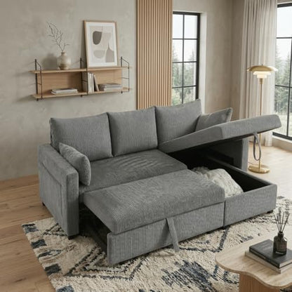 Sectional Sleeper Sofa with Pull Out Bed, LShape Convertible Sofa Bed Couch with Storage Chaise, 3 in 1 Pull Out Sofa Bed with 3 Seats, for Living Room,Apartment, Gray, 85Inch