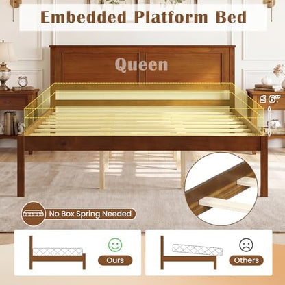 GIANTEX Wood Queen Size Bed Frame with Headboard, Mid-Century Modern Platform Bed w/Wooden Slat Support, Solid Mattress Foundation, Under-Bed Storage Space, No Box Spring Needed, Walnut