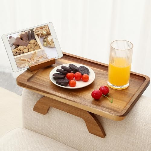 SINWANT Couch Arm Tray,15.35x9.84 in Sofa Clip on Arm Table,Acacia Wood