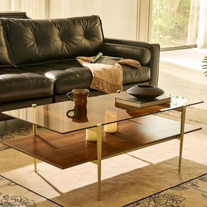 AGV LIGHTING Tadio Large Glass Coffee Table, Mid-Century Modern Coffee Table for Living Room, Gold Finish Leg, Coffee Brown Glass Top & Walnut Brown Shelf, 47 in