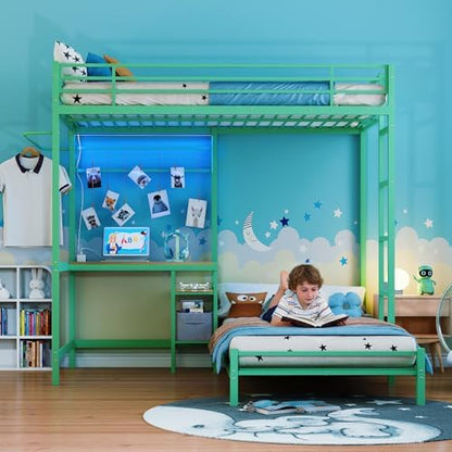 Bellemave Twin Over Twin bunk Bed with Desk and LED Charging Station, loft Bed with Desk and Shelves Drawer, Twin Over Twin Metal Bunk Beds with Storage, Green