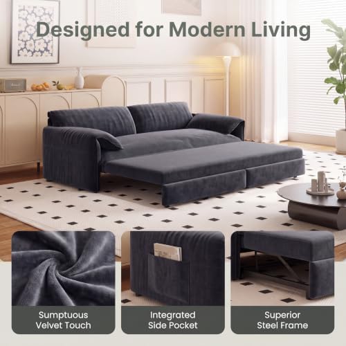 NicBex 66" Convertible Pull Out Velvet Sofa Bed with Side Pockets, Gray