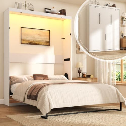 Squireewo Queen Size Murphy Bed with LED Light, Space-Saving Wall Bed Frame with Gas Struts, Bed Cabinet for Guestroom, Office, Bedroom, No Box Spring Needed, White