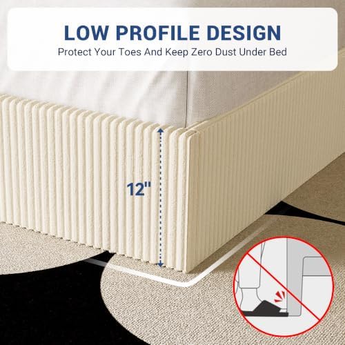 Allewie King Bed Frame, Adjustable Corduroy Headboard, Platform, Cream