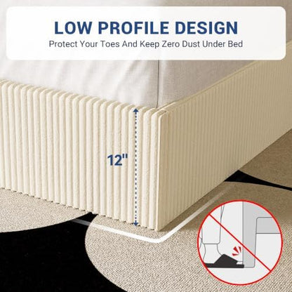 Allewie King Bed Frame, Adjustable Corduroy Headboard, Platform, Cream